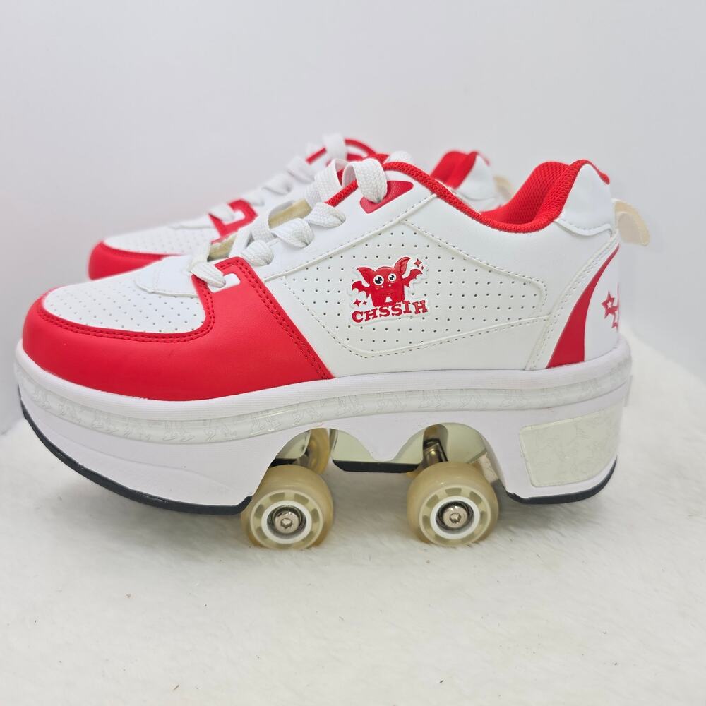 CHSSIH 2 in 1 Retractable Roller Skate Sneakers White/Red Faux Leather Size 35/4